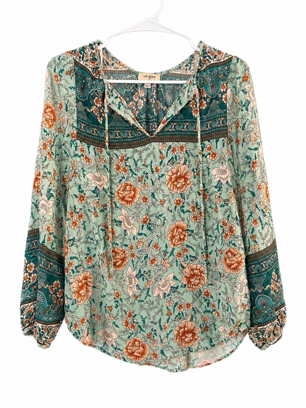 Umgee Mint Green Floral Peasant Tunic with Teal Accents